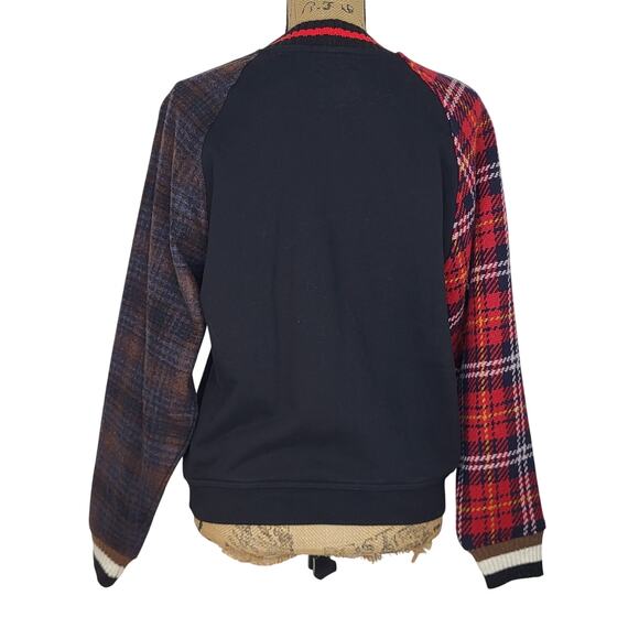 Desigual Raglan Plaid Sleeves Ribbed Knit Striped Collar Cuffs Sweatshirt Size M - Picture 6 of 9